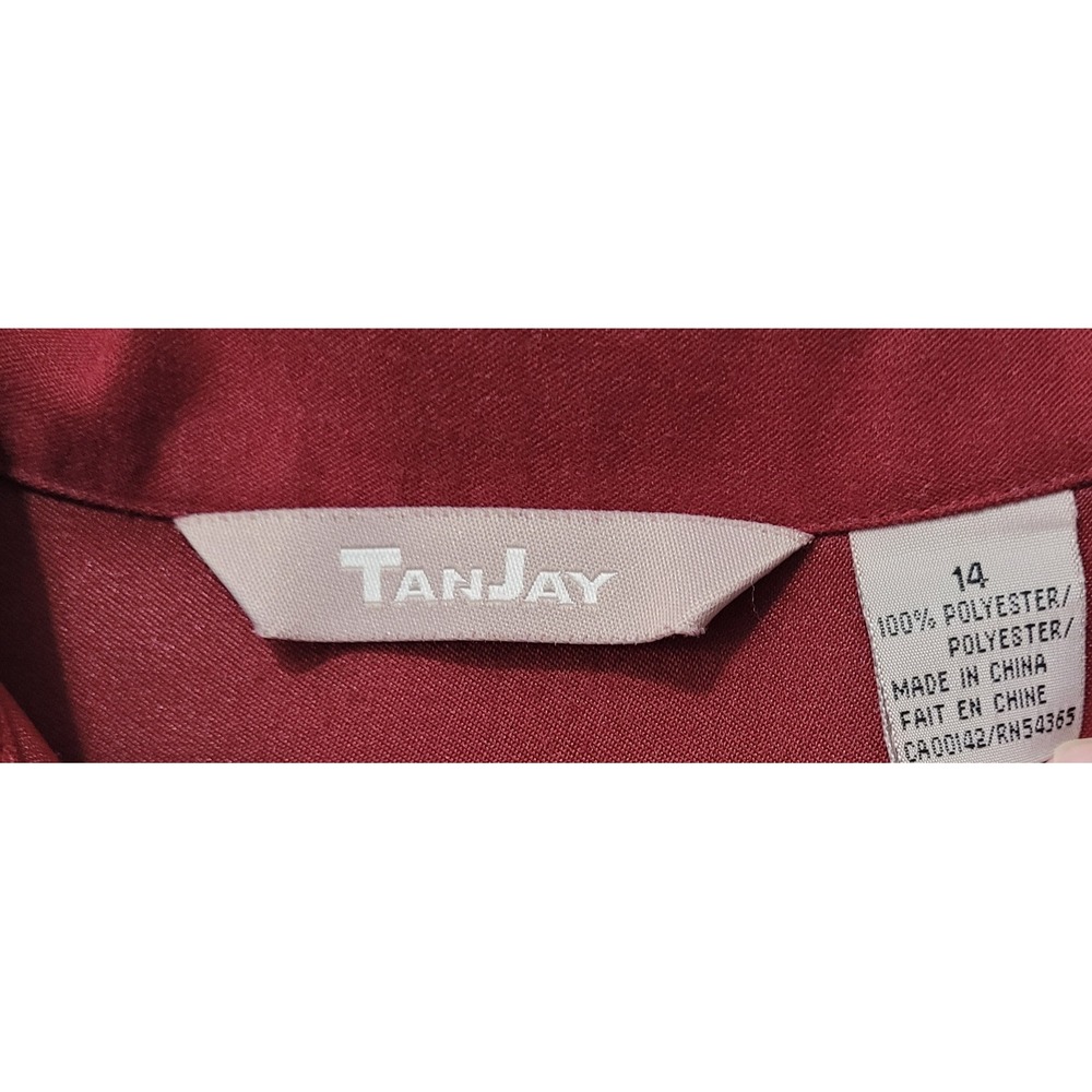 TanJay Button Front Blouse Women 14 Burgundy Red Long Sleeve Collared Pocket - Picture 2 of 5